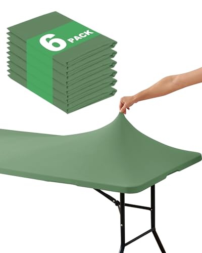 KeyWave Fitted Tablecloth Rectangle Table Cloths - 6 Pack 8 Foot Elastic Stretch Folding Table Top Cover Water-Resistant Reusable for Outdoor Picnic Camping Party Event, Sage Green, 96" L x 30" W - color: Sage Green, size: 8 ft - 6 Pack