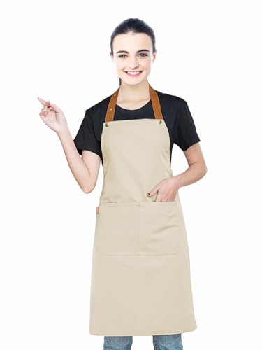 Kitchen Bib Apron with Pockets, Women Men Adjustable Neck Strap Water Resistant Apron for Chef Artist Waiter - color: Khaki