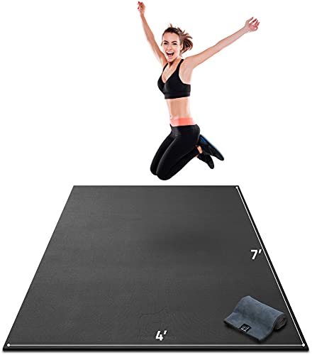 Gorilla Mats Large Exercise Mat – 6'x4', 7'x4', 7'x5', 8'x4', 10'x4' (1/4" Thick) – Ultra Durable Workout Mat for Home Gym Flooring – Non-Slip, Flat Fitness, Yoga & Weight Lifting Floor Mat - color: Gorilla Black Mat with Gray Towel, 2 Storage Straps and