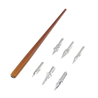 Dip Pen Set 1pcs Wooden Pen Nib Holder 6pcs Stainless Steel Replacement Fountain Pen Nibs for Calligraphy Drawing Signing Sketch Painting Writing (Brown) - color: Brown