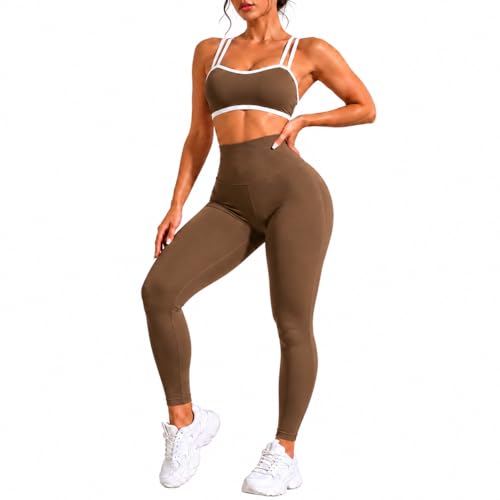 2PC Workout Sets For Women High Waisted Gym Leggings and Cross Back Strappy Sports Bra for Women With High Support - color: Brown, size: Large