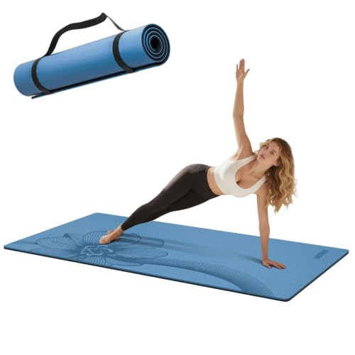 Large Exercise Mat | 10mm Thick TPE Non-slip Gym Mats, Carrying Strap - color: blue/black