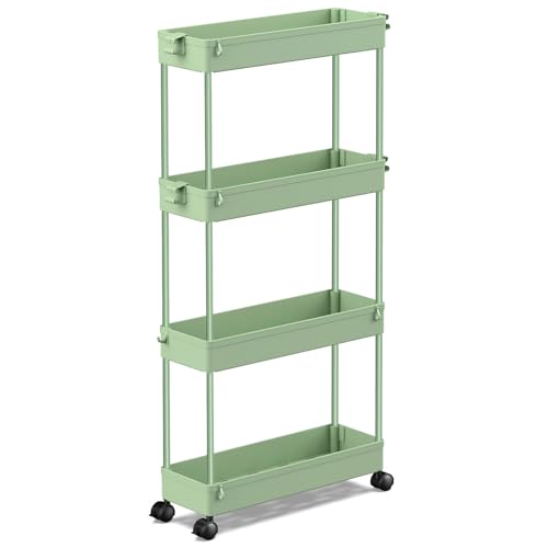 SPACEKEEPER Slim Rolling Storage Cart, 4 Tier Bathroom Cart Organizer,Green | Narrow Rolling Cart with Wheels for Kitchen Office Bathroom Laundry Room,Mobile Utility Cart for Craft Art Makeup Nail Polish - color: Green