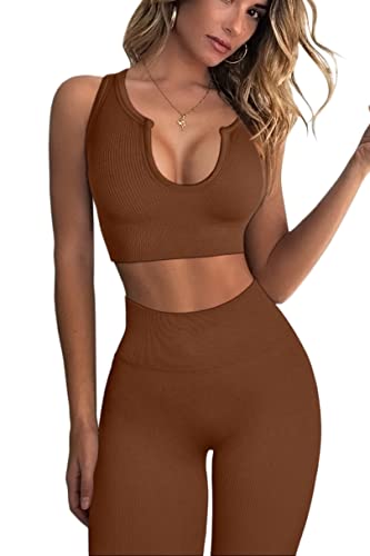 QINSEN Workout Outfits for Women 2 Piece Ribbed Seamless Crop Tank High Waist Yoga Leggings Sets - color: Brwon, size: Medium