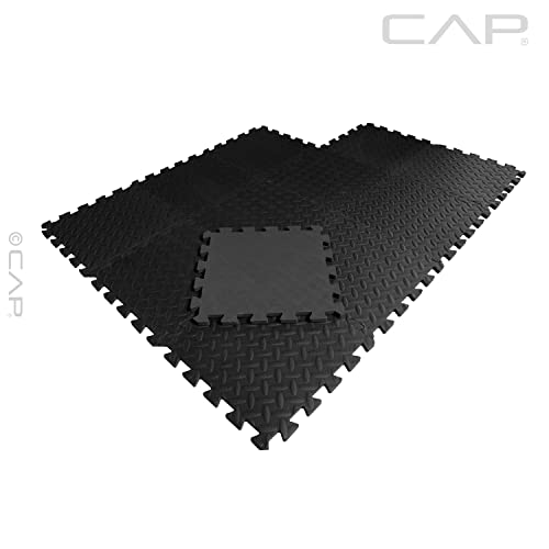 CAP Barbell Exercise Mat Interlocking Puzzle Mat, Diamond Plate Texture, Covers 12 Sq Ft, Black 12 x 12 x 1/2
