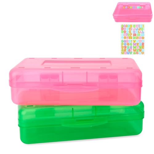 Pink and Green Pencil Box, Clear Case, Large Capacity Hard Stackable Storage for Girls, 2 Pack - color: Pink Green