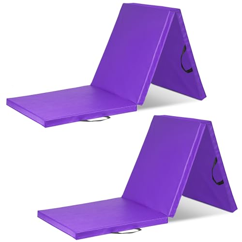 ProSource 3단 접이식 두꺼운 운동 매트 1.8 x 5.1cm(6 x 2피트) 휴대용 손잡이 포함, MMA, 체조, 스트레칭, 코어 운동용 - color: 퍼플., style: 2개 팩