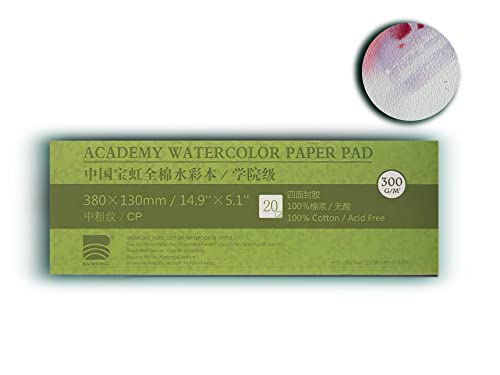 BAOHONG Academy Grade Watercolor Block, 100% Cotton, Acid-Free, 140LB/300GSM, Cold Press Textured, 20 Sheets per Block (Cold Press 14.9"x5.1") - size: Cold Press 14.9" x 5.1"