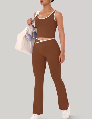 Womens Workout Sets 2 Piece Flare Leggings Contrast Top - color: Chocolate, size: X-Small