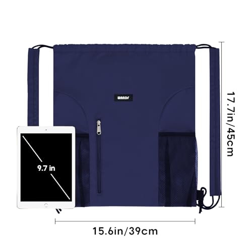 WANDF Drawstring Backpack, Gym String Bag with Shoulder Pad - color: M, Navy Blue, size: Medium