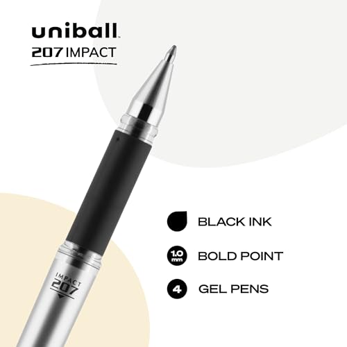 uni-ball Signo 207 Impact Stick Gel Pen, 4 Black Pens, 1.0mm Bold Point Gel Pens, Smooth Writing, Archival-Quality Ink, Acid-Free, Superior Comfort | Bold gel ink lay-down for pronounced lettering, fraud-resistant uni Super Ink, water & fade-resistant, co