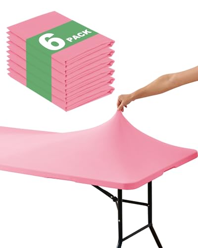 KeyWave Fitted Tablecloth Rectangle Table Cloths - 6 Pack 6 Foot Elastic Stretch Folding Table Top Cover Water-Resistant Reusable for Outdoor Picnic Camping Party Event, Dark Pink, 72" L x 30" W - color: Dark Pink, size: 6 ft - 6 Pack