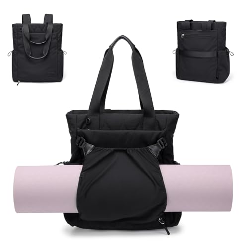 GOLF SUPAGS 3-in-1 Laptop Tote Backpack for Women 15.6" Quilted Work Gym Bag with Hidden Yoga Mat Carrier for Travel Leisure (Black) - color: Black