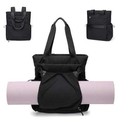 GOLF SUPAGS 3-in-1 Laptop Tote Backpack for Women 15.6" Quilted Work Gym Bag with Hidden Yoga Mat Carrier for Travel Leisure (Black) - color: Black