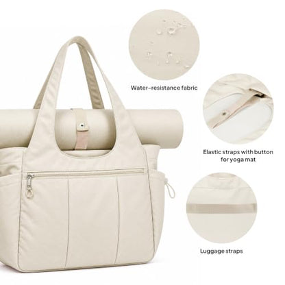 TOPEAST Foldable Tote Bag for Women with Yoga Mat Holder,Travel Tote Bag with Water Bottle Pocket,Lightweight Workout Gym Bag - color: Beige