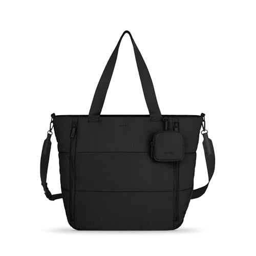 Puffer Tote Bag - Work Bags for Women with Mini Pouch Bundle with Laptop Pocket - Pilates Bag - For Travel, Work, Gym - color: Black