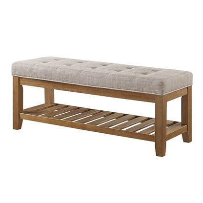 24KF Large Rectangular Upholstered Tufted Linen Fabric Ottoman Bench, Padded Bench with Solid Wood Shelf-Linen - color: Linen-bench, size: 16"D x 44"W x 18"H