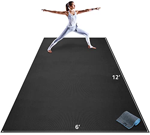 Gorilla Mats Extra Large Yoga Mat – 9'x6', 12'x6', 15'x6' (8mm) Extra Thick Wide Non-Slip Exercise Mat for Home Gym Flooring – Ultra Comfortable Workout Floor Mat for Barefoot Fitness & Stretching - color: Onyx Black Mat with Gray Towel, 2 Storage Straps