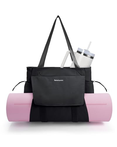 sportsnew Yoga Mat Bag Waterproof Tote Gym Bag Mat Carrier W/Wet Pocket | hook-and-loop mat holder 5s quick access, 40oz handled bottle pocket, wet bag, lightweight waterproof, drawstring pockets,19L - color: Black