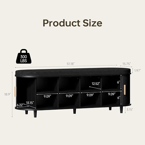 DHH 2-Tier Storage Bench,Wide Shoe Bench with Thickened Padded Seat Cushion, Mid Century Modern Fluted Sliding Door and Adjustable Shelf, for Entryway, Living Room, Bedroom (Black, 51.2”) - color: Black, size: 51.2 inch