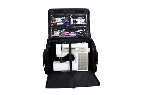 Everything Mary 4 Wheels Collapsible Deluxe Sewing Machine Storage Case - Rolling Trolley Carrying Bag for Brother, Singer - color: Black
