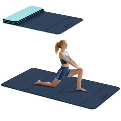 HAHE Foldable Yoga Exercise Mat, 74"Lx32"Wx1/3"Thick, TPE Workout Mat - color: Navy Blue+Green