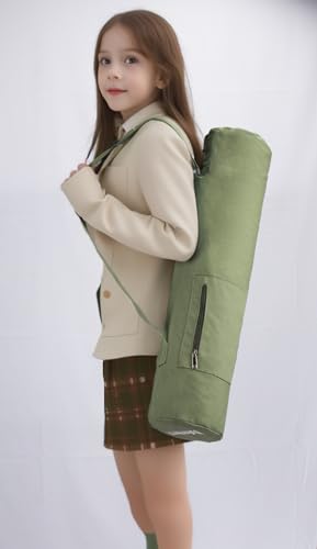 Cotton yoga mat bag with Pockets and Adjustable Strap - Full Zip Cargo Yoga Mat Carrier Bag - Bag for 1/4" 1/3" Thick Yoga Mat - color: Green, size: L