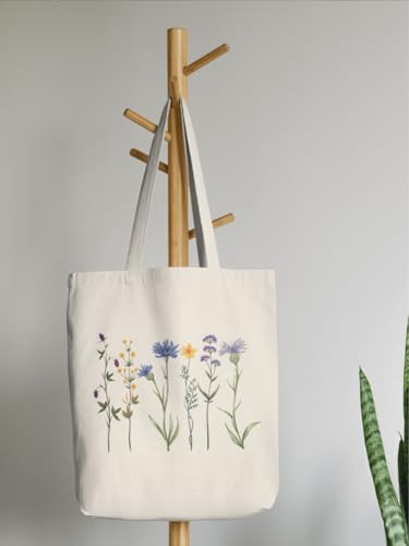 Aesthetic Canvas Tote Bag for Women with Inner Pocket - color: Flower-blue