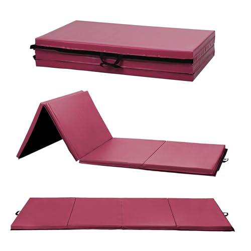 Gymnastics Tumbling Mat Portable Gymnastics Mat Foldable Tumbling Mat 2ft W 6ft L/4ft W 6ft L/4ft W 8ft L/4ft W 10ft Exercise Mat Yoga Mat with Carrying Handles for Yoga Gymnastics - color: Burgundy, size: 4ft W 8ft L