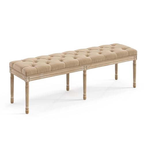 LUE BONA 60" Fabric End of Bed Bench, Upholstered Tufted French Bedroom Bench with Carved Legs for Bedroom End of King Size Bed, Living Room, Wheat - color: Wheat and Wood, size: 60''