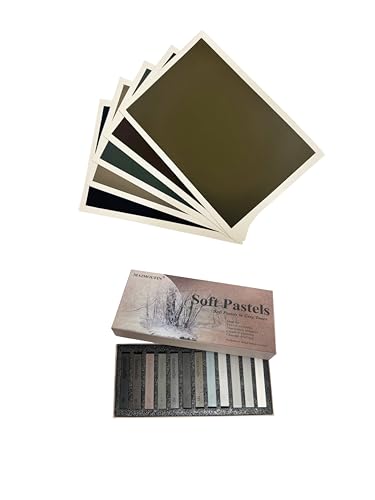 12-Pack Grey Tone Square Soft Pastels&10Sheets 5 Color Sanded Pastel Paper (15.4" x 10.7")