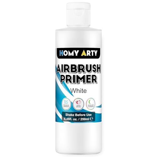 HOMY ARTY Airbrush Primer - White, 8.45 fl.oz 250ml Acrylic Primer | for Airbrush Paint, Quick-Drying Matte Finish for Acrylic Paint with Excellent Adhesion to Plastic Models, Metal, Canvas - color: White