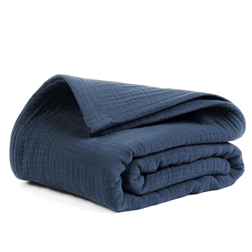 Salt Earth 100% Cotton Gauze 80"X90" Queen 4 Layered Blanket- Dress Blue | Premium Muslin Blanket for Couch,Bed,Living,Summer Lightweight, All Seasons Blankets & Throws, Boho,Travel & Skin Friendly - color: Dress Blue, size: 80"X90" Queen