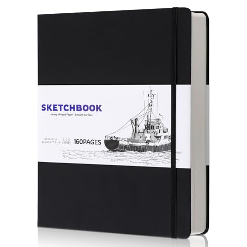 Hardcover Sketch Book 8.5 × 11 in, 180gsm, 80 Sheets, Black | Acid-Free Thick Paper, Marker And Pencil Friendly, Perforated Pages, Elastic Band, Back Pocket - size: 8.5×11 Inch (1 Pack)