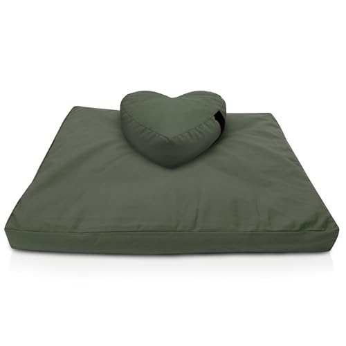 Bean Products Meditation Cushion Mat Set - Zafu Floor Pillow Organic Buckwheat Pillow + Cotton Filled Zabuton Prayer Pad - Meditation Pillow Yoga Knee Pad - Made in USA - 14" Round or 18" Oval - color: Earth - 10oz Cotton Canvas, size: Heart Shaped Combo