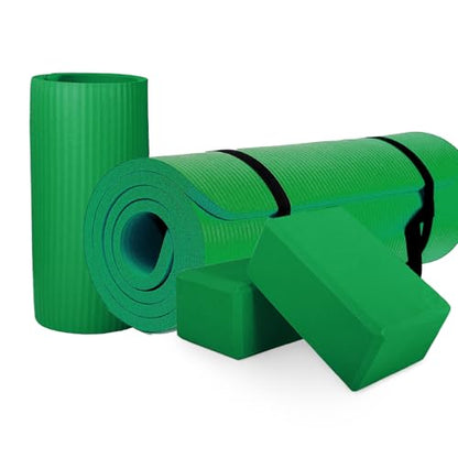 BalanceFrom 71x24 Inches Yoga Mat with Knee Pad and Optional Blocks – Extra 1-Inch Thick Non-Slip Foam with Anti-Tear Surface and Carrying Strap for Home, Studio, or Gym Workouts - color: Green, style: Mat & Knee Pad & Yoga Blocks