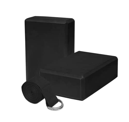 Mune Yoga Block Set of 2 Black High Density EVA Foam Non-Slip Yoga Brick with Yoga Resistance Strap to Stretch Deepen Yoga Poses Improve Strength Balance Flexibility