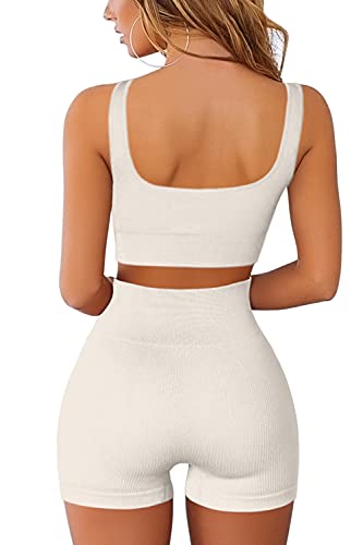 QINSEN Workout Sets for Women 2 Piece Seamless Ribbed Crop Tank High Waist Shorts Yoga Outfits - color: Beige, size: Large