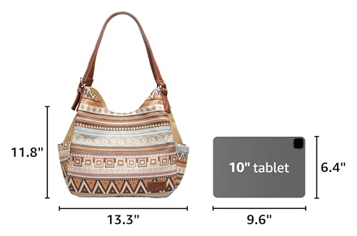 Worldlyda Women Canvas Hobo Purse Multi Pocket Tote Shopper Shoulder Bag Casual Top Handle handbag with Embroidery Ethnic - color: Be06brown Pattern 1