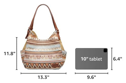 Worldlyda Women Canvas Hobo Purse Multi Pocket Tote Shopper Shoulder Bag Casual Top Handle handbag with Embroidery Ethnic - color: Be06brown Pattern 1