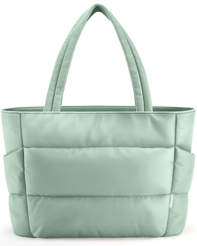 HOTOR Puffer Tote Bag for Women, Multi-Pocket, Zippered - color: Green, size: 18.1" × 6.3" × 11.8"