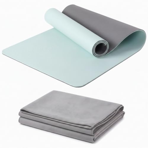 Woanger 2 Pack Hot Yoga Mat Thick 12mm and Towel Non Slip 72" x 26.5" Extra Large Absorbent Microfiber with Nylon Strap for Pilates Exercise Fitness Workout