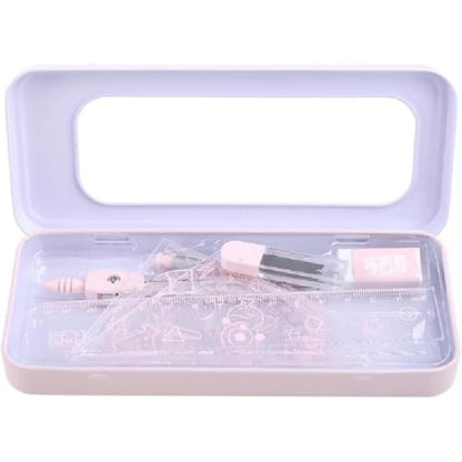 7Pcs Pink Geometry Math Drawing Set with Compass, Protractor, Rulers, Drafting Tools in Portable Box for Students
