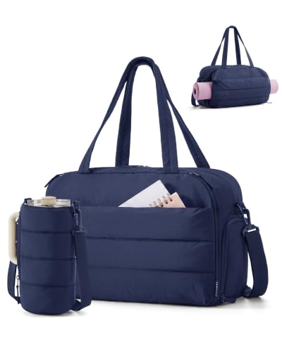BAGSMART 2 Set Gym Bag for Women, Yoga Bag with Water Bottle Holder | For yoga travel sports dance, 25L pilates bag, overnight duffle bag - color: Deep Blue, style: Puffer Crossbody