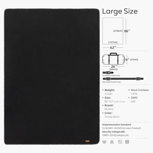 Molithe 100% Wool Blanket, 62" x 86", Warm, Thick, Military, Camping Gear - color: Smoky Black, size: Large