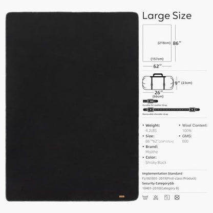 Molithe 100% Wool Blanket, 62" x 86", Warm, Thick, Military, Camping Gear - color: Smoky Black, size: Large