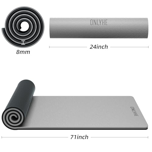 Yoga Mat Thick（8mm）Exercise Mat Non Slip Anti-tear,Pilates Mat for Men and Women,Workout Mats for Home,Barefoot Workouts and Floor Exercise,with Carrier Strap(71"x 24") - color: Grey + Black