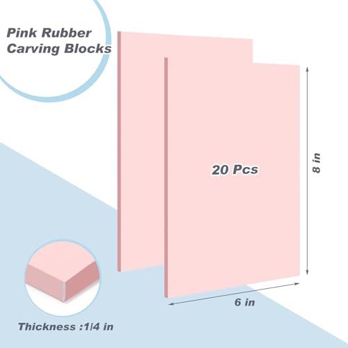 Motipuns 20 Pcs 8"x6" Pale Pink Rubber Stamp Carving Blocks for Craft Project Easy to Cut Lino Block Linoleum Blocks for Printmaking Soft Rubber Brick for DIY Printing Stamp Making Kit