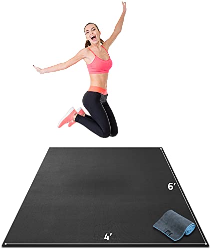 Gorilla Mats Large Exercise Mat – 6'x4', 7'x4', 7'x5', 8'x4', 10'x4' (1/4" Thick) – Ultra Durable Workout Mat for Home Gym Flooring – Non-Slip, Flat Fitness, Yoga & Weight Lifting Floor Mat - color: Gorilla Black Mat with Gray Towel, 2 Storage Straps and