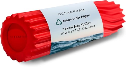 Oceanfoam Ripple Travel Foam Roller (11" x 3.35") Firm Mini Foam Roller for Physical Therapy, Deep Tissue Massage, Back Pain - High Density, Ergonomic Wave Textured - Yoga, Pilates, Exercise (Red) - color: Red